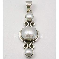 SilverStarJewel Round, Oval Pearl Oxidized Pendant 1.7'' 925 Fine Silver Jewelry
