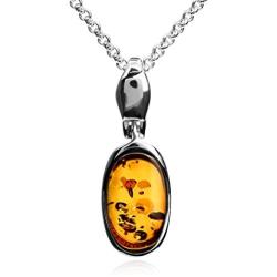 Amber Sterling Silver Oval Pendant Necklace Chain18''