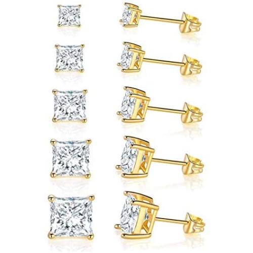 GEMSME 18K Yellow Gold Plated Princess Cut Clear Cubic Zirconia Stud Earrings Pack of 5