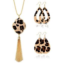 Hicarer Leopard Jewelry Set Long Necklace for Women Leopard Quatrefoil Necklace with Leather Teardrop Earrings, 3 Pack