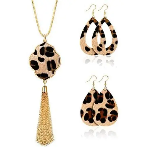 Hicarer Leopard Jewelry Set Long Necklace for Women Leopard Quatrefoil Necklace with Leather Teardrop Earrings, 3 Pack
