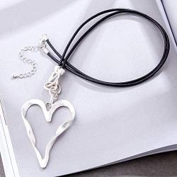 Silver Lover Heart Pendant Fashion Jewelry Black Leather Necklace for Women Long Rope Chain Chokers