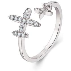 Eiffy Double Cubic Zircon Plane Aircraft Airplane Finger Ring Travel Trip Adjustable Open Finger Ring Jewelry