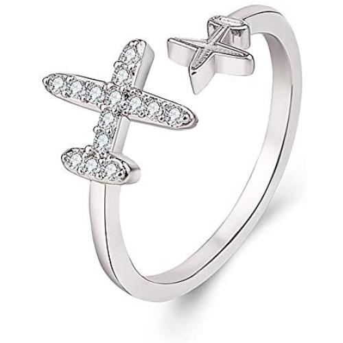 Eiffy Double Cubic Zircon Plane Aircraft Airplane Finger Ring Travel Trip Adjustable Open Finger Ring Jewelry