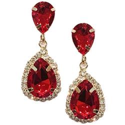 Gold Tone Antique Vintage Retro Deco Gatsby Flapper Style Scarlet Ruby Red Zircon Rhinestone Pear Bridal Wedding Earrings