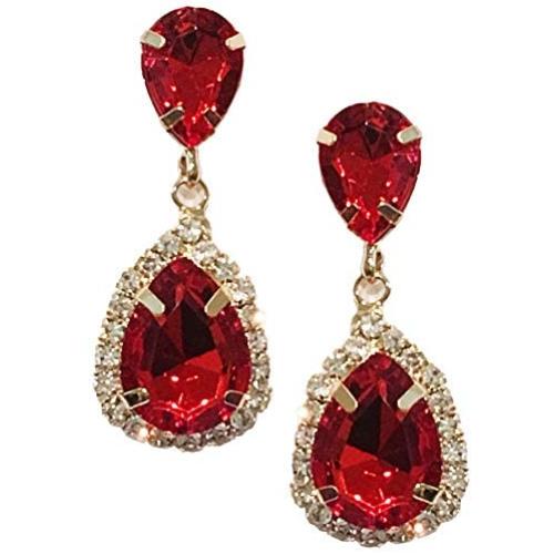 Gold Tone Antique Vintage Retro Deco Gatsby Flapper Style Scarlet Ruby Red Zircon Rhinestone Pear Bridal Wedding Earrings