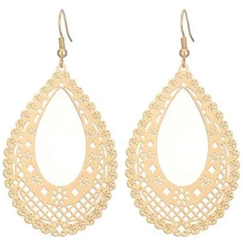 Drop Dangle Earrings Rose Gold or Silver Metal Filigree Teardrop Earrings Jewelry Gift for Women Teen Girls