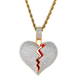 EXGOX Mens and Women 18k Gold Plated Broken Heart Pendant Necklace Hip Hop CZ Fully Iced Out Bling Cuban Stainless Rope Chain Necklace
