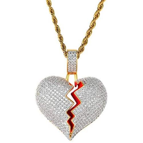 EXGOX Mens and Women 18k Gold Plated Broken Heart Pendant Necklace Hip Hop CZ Fully Iced Out Bling Cuban Stainless Rope Chain Necklace