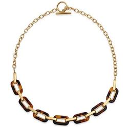 Bling Jewelry Fashion Brown Oval Link Tortoise Shell Collar Necklace for Women for Teen 14K Gold Plated Stainless Steel Toggle Clasp