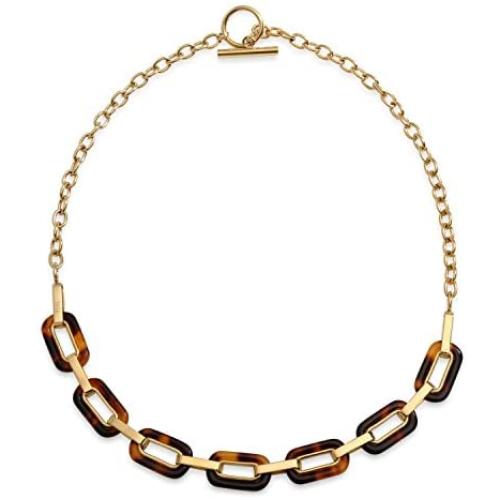 Bling Jewelry Fashion Brown Oval Link Tortoise Shell Collar Necklace for Women for Teen 14K Gold Plated Stainless Steel Toggle Clasp