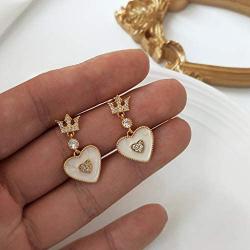 14K Gold Heart Crown Earrings Cuban Zirconia Heart Earrings Retro Palace Style Crown Drop Earrings for Women Girls