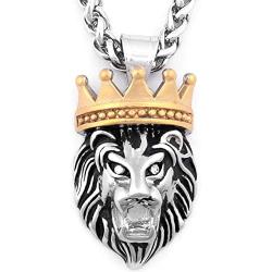 Warvik Crown Head Lion King Pendant Necklace Hip Hop Fashion Style, Stainless Steel Jewelry Mens Womens Wheat Chain 20/28inch