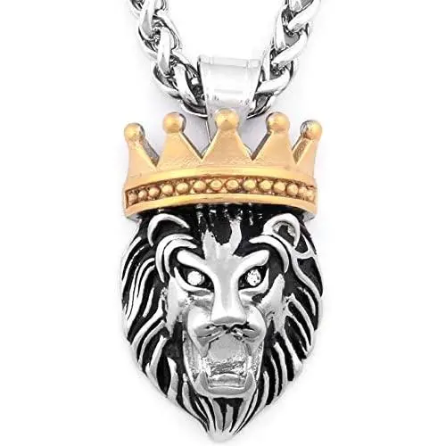 Warvik Crown Head Lion King Pendant Necklace Hip Hop Fashion Style, Stainless Steel Jewelry Mens Womens Wheat Chain 20/28inch Warvik Crown Head Lion King Pendant Necklace Hip Hop Fashion Style, Stainless Steel Jewelry Mens Womens Wheat Chain 20/28inch