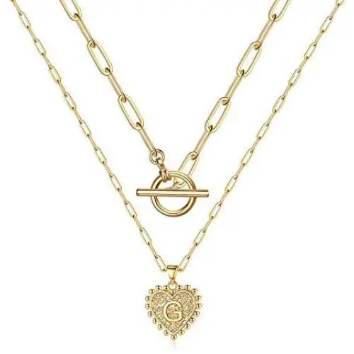 Layered Gold Initial Necklaces for Women, 14K Gold Plated Dainty Layering Paperclip Toggle Choker Chain Necklace Personalized Heart Initial Pendant Layered Necklaces for Women Gold Jewelry Gifts
