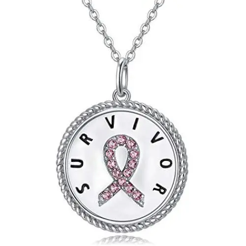 AOBOCO Breast Cancer Survivor Gifts for Women, Sterling Silver Breast Cancer Awareness Necklace, Pink Ribbon Inspirational Jewelry Gift