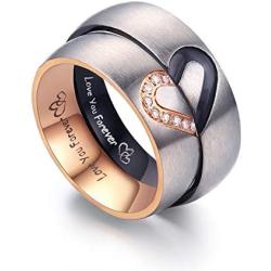 LAVUMO Matching Promise Rings for Couples Love You Forever Wedding Bands Sets for Him and Her Half Heart Rings Stainless Steel 6mm with Box Comfort Fit