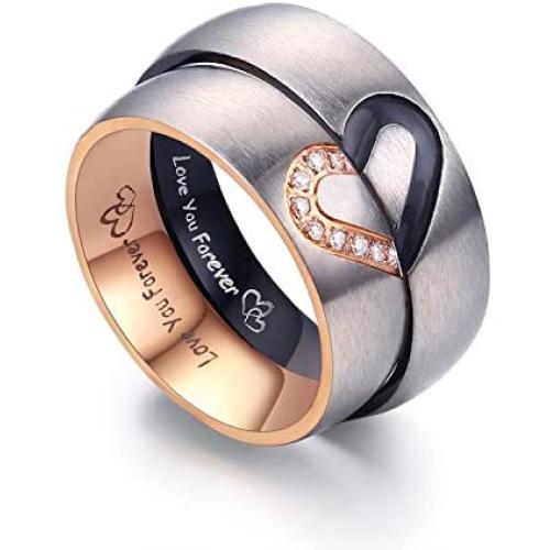 LAVUMO Matching Promise Rings for Couples Love You Forever Wedding Bands Sets for Him and Her Half Heart Rings Stainless Steel 6mm with Box Comfort Fit
