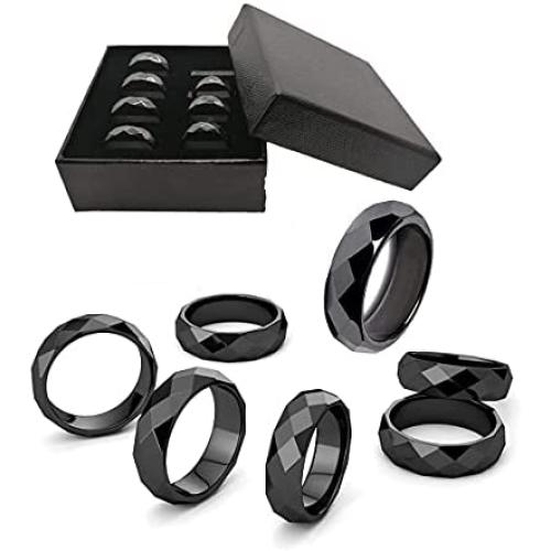 Genuine Hematite Rings for Women and Men, Hematite Ring that Absorbs Negative Energy ,Anxiety Balance Root Chakra for Unisex（Pack of Mixed Size） (6mm Magnetic Multi-faceted Rings(7Pcs))