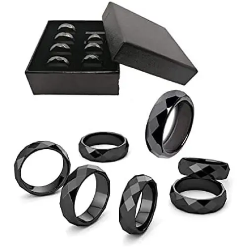 Genuine Hematite Rings for Women and Men, Hematite Ring that Absorbs Negative Energy ,Anxiety Balance Root Chakra for Unisex（Pack of Mixed Size） (6mm Magnetic Multi-faceted Rings(7Pcs))