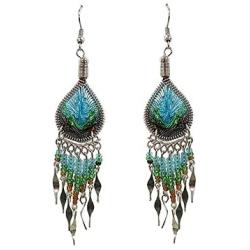 Teardrop Silk Thread Long Beaded Metal Dangle Earrings - Womens Fashion Handmade Jewelry Boho Accessories