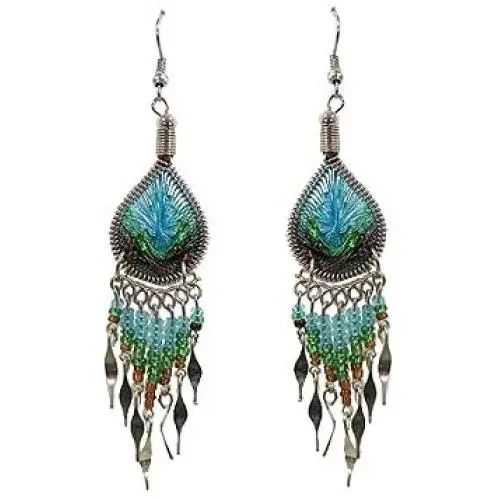 Teardrop Silk Thread Long Beaded Metal Dangle Earrings - Womens Fashion Handmade Jewelry Boho Accessories