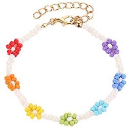 YOOE Woman Colorful Flower Beads Bracelet. Waterproof Boho Braided Daisy Seed Bead Bracelet, Surfer Beach Foot Jewelry for Girls