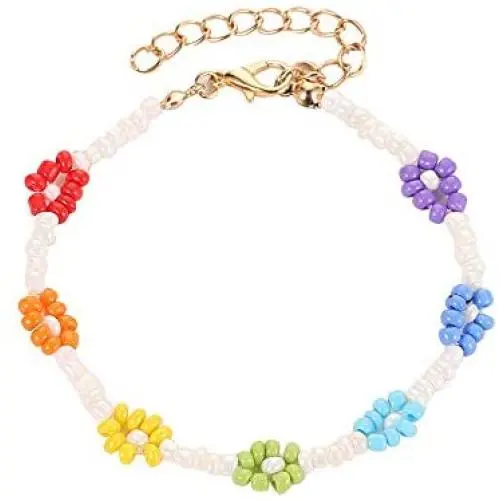 YOOE Woman Colorful Flower Beads Bracelet. Waterproof Boho Braided Daisy Seed Bead Bracelet, Surfer Beach Foot Jewelry for Girls YOOE Woman Colorful Flower Beads Bracelet. Waterproof Boho Braided Daisy Seed Bead Bracelet, Surfer Beach Foot Jewelry for Girls
