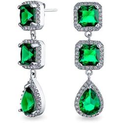 Long Geometric Simulated Emerald Green Teardrop CZ Statement Chandelier Earrings For Women For Pageant Prom Silver Plated