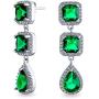 Long Geometric Simulated Emerald Green Teardrop CZ Statement Chandelier Earrings For Women For Pageant Prom Silver Plated