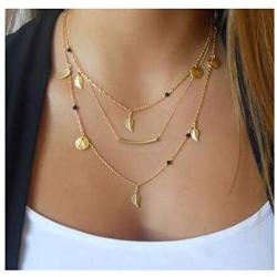 Chargances Bohemia Gold Layered Necklace Long Drop Necklaces Three-Layered Necklace Set Multilayer Chain Leaf Disc Pendant Layered Necklaces for Women Beads Leaf Jewelry for Women and Girls