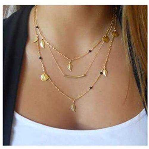 Chargances Bohemia Gold Layered Necklace Long Drop Necklaces Three-Layered Necklace Set Multilayer Chain Leaf Disc Pendant Layered Necklaces for Women Beads Leaf Jewelry for Women and Girls