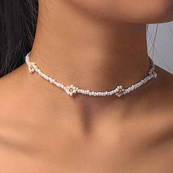 Obmyec Boho Beaded Necklace Daisy Choker Chain Short Sunflower Necklaces Jewelry for Women and Girls (White)