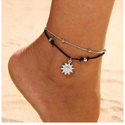 JUESJ Vintage Double Layers Anklets for Women Sun Sunflower Elephant Ancient Silver Alloy Pendant Rope Chain Beach Summer Foot Ankle Jewelry (Sunlight)