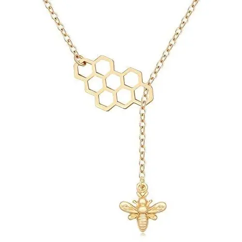 MANZHEN Geometric Bee Hive with Honey Bee Lariat Y Necklace Mothers Day Jewelry Gift MANZHEN Geometric Bee Hive with Honey Bee Lariat Y Necklace Mothers Day Jewelry Gift