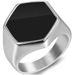 Jude Jewelers Stainless Steel Black Enamel Hexagon Shape Signet Style Ring