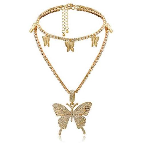 Statement Big Butterfly Pendant Necklace - Rhinestone Tennis Chain Butterfly Choker Set for Women Girls, Bling Bling Gold Silver Chain Iced Out Necklace Jewelry Gifts