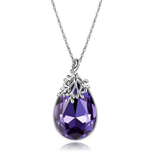 YALONG Birthstone Necklace for Women Austrian Crystal Teardrop Pendant Olive Leaf Dove 14K White Gold Plated Dainty Silver Chain Choker Jewelry Gift Girl
