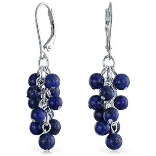 Gemstone Blue Lapis Lazuli Grape Cluster Beaded Dangle Leverback Earrings For Women 925 Sterling Silver Gemstone Blue Lapis Lazuli Grape Cluster Beaded Dangle Leverback Earrings For Women 925 Sterling Silver