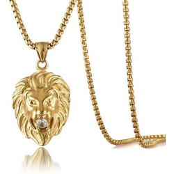 Jewelry Kingdom 1 Gold Lion Necklace Pendant for Men Women 18K Plated CZ Diamond with 24'' Stainless Steel Rope Chain (Medium Head Size)
