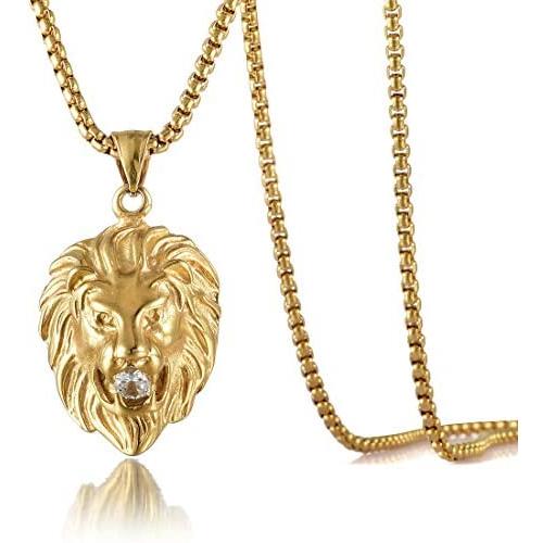 Jewelry Kingdom 1 Gold Lion Necklace Pendant for Men Women 18K Plated CZ Diamond with 24'' Stainless Steel Rope Chain (Medium Head Size)