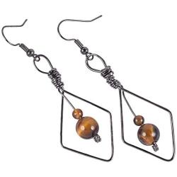Nupuyai Crystal Stone Beads Dangle Earrings for Women, Handmade Wire Wrapped Rhombus Geometric Healing Jewelry for Reiki