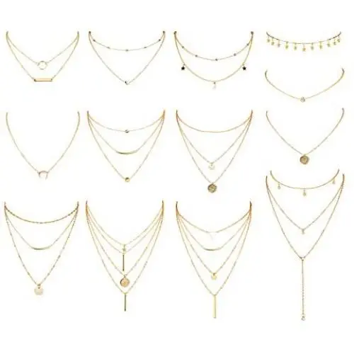 YADOCA 13 Pcs Layered Necklace Multilayer Choker Necklace for Women Charm Tiered Long Choker Chain Y Pendant Necklace Silver Tone Gold Tone