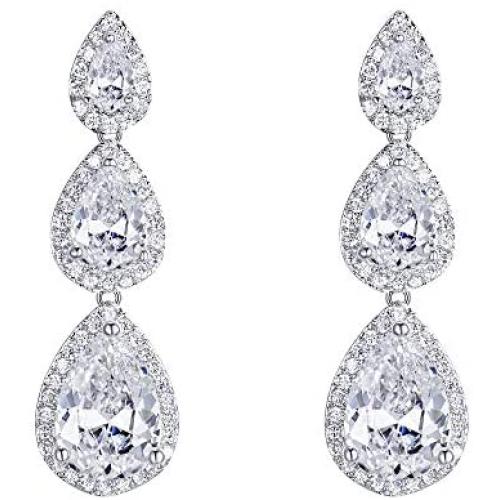EVER FAITH Silver-Tone Cubic Zirconia Birthstone 3 Tear Drop Dangle Earrings