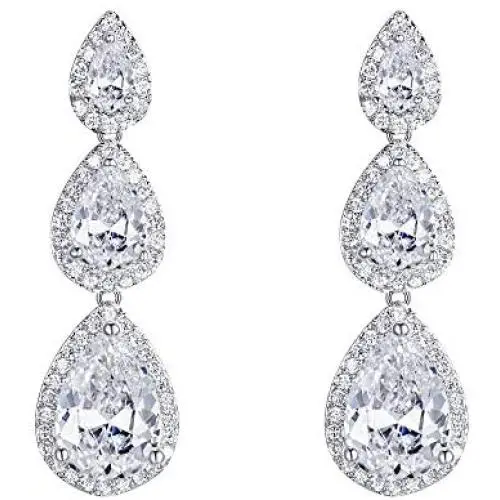 EVER FAITH Silver-Tone Cubic Zirconia Birthstone 3 Tear Drop Dangle Earrings EVER FAITH Silver-Tone Cubic Zirconia Birthstone 3 Tear Drop Dangle Earrings
