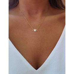 AgeXinjo Gold Necklace Opal Evil Eye Dainty CZ Heart Cross Bar Teardrop Choker Necklace for Women