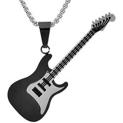 Magna Steel Mens Stainless Steel Rock Electric Guitar Bass Pendant Necklace with 24'' 3mm Rolo Chain