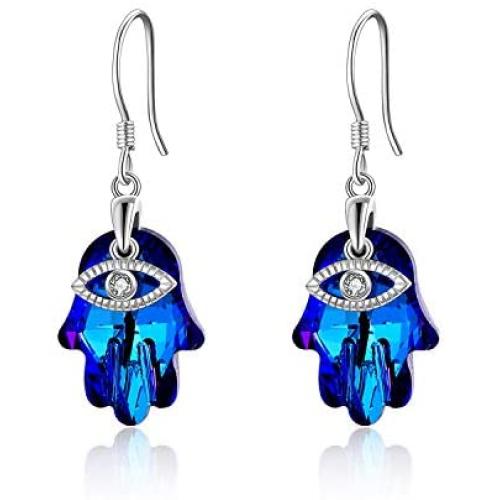 WINNICACA Evil Eye Earrings S925 Sterling Silver Hamsa Hand Blue Crystal Jewelry Lucky Gifts for Women Teens - Mom Gifts