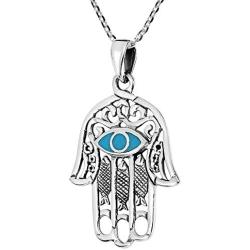 AeraVida Hamsa Hand with Evil Eye Simulated Turquoise Inlaid .925 Sterling Silver Pendant Necklace