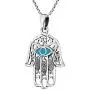 AeraVida Hamsa Hand with Evil Eye Simulated Turquoise Inlaid .925 Sterling Silver Pendant Necklace